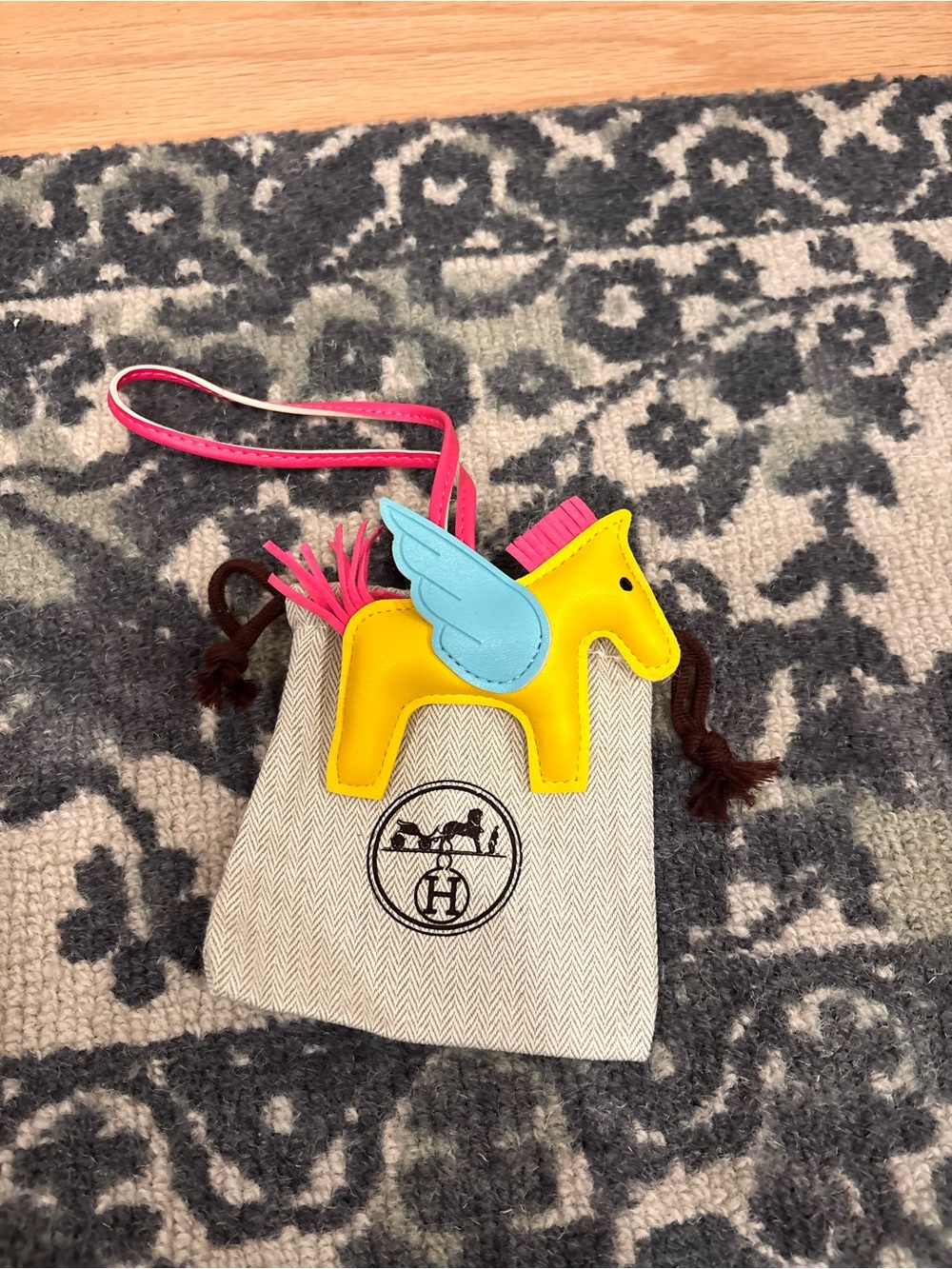 Horse Purse Charm Keychain for handbag in yellow pink blue in dustbag